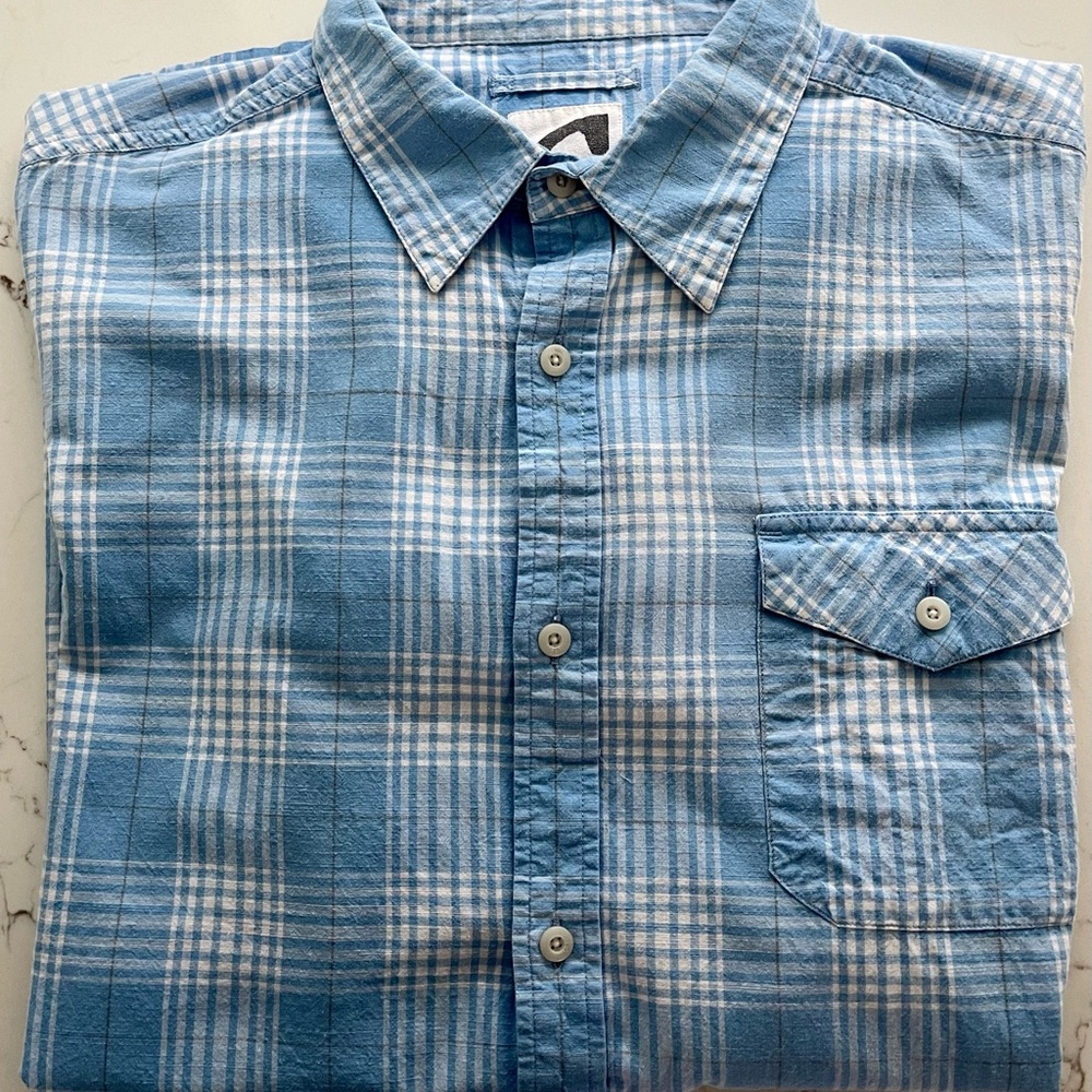 Mountain Khakis Mens Shirt L Blue Plaid Short Sleeve Button Up
